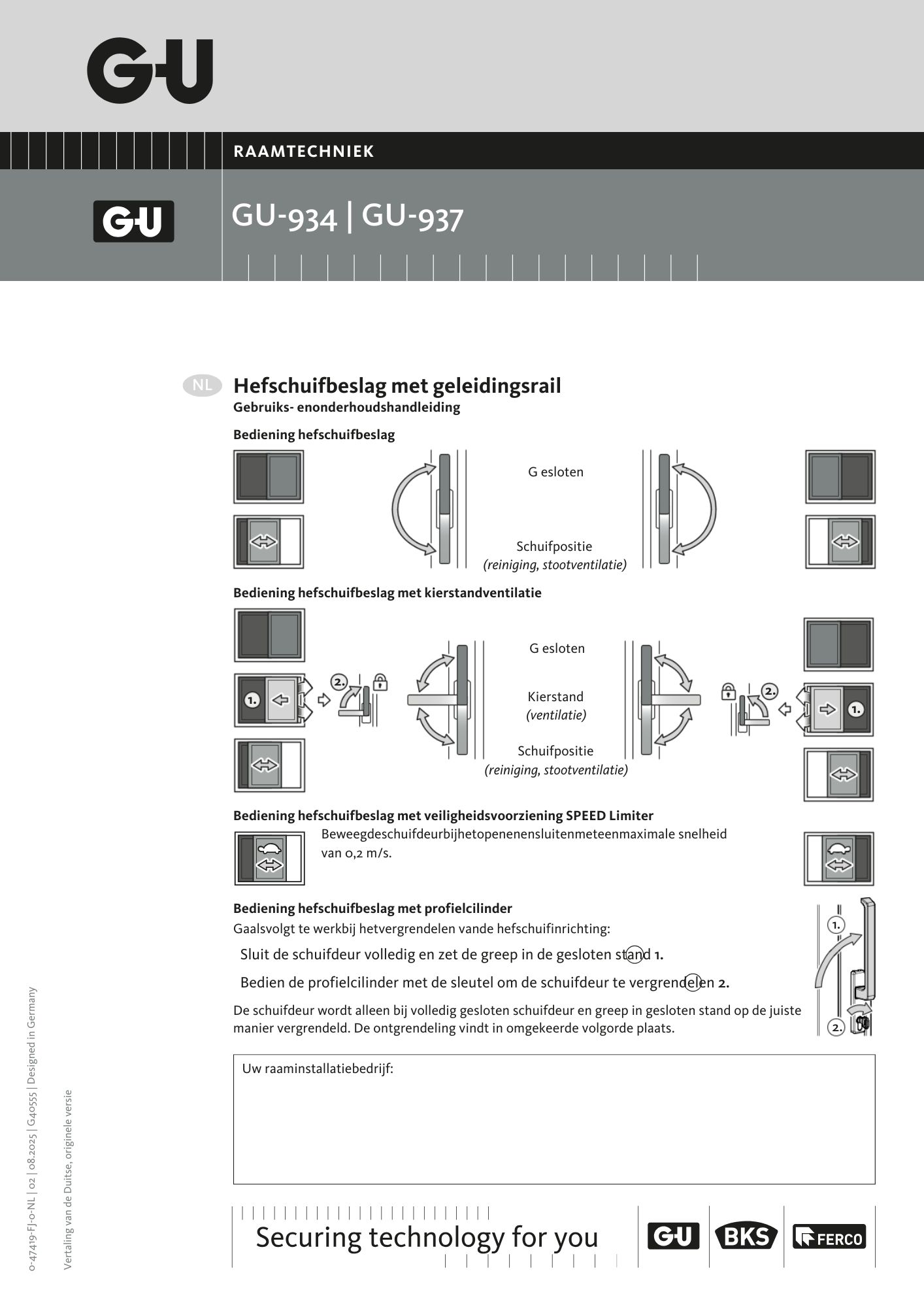 Handleiding Hefschuifbeslag  GU-934 | GU-937